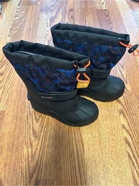 Columbia Powderbug Kids Navy and Black Snow Boots with Orange Accents